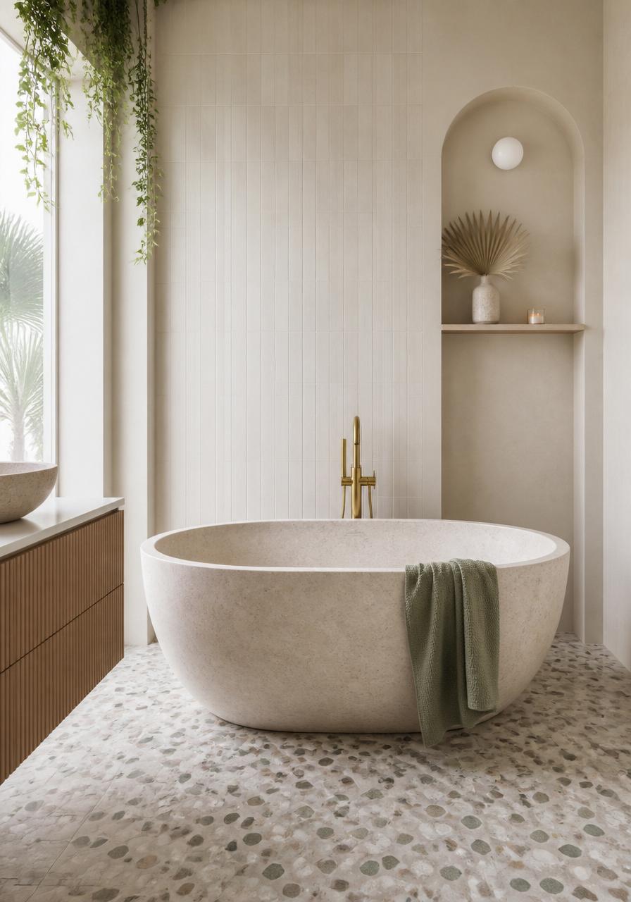 A renovated master bathroom with stone bath and brass fixtures